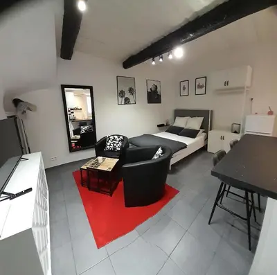 a living room with a bed and a red rug at World Apartment Cannes in Cannes