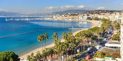 a view of a beach with palm trees and buildings at Charming studio very central and calm in Cannes
