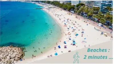 a group of people on a beach with the text beaches minutes at 1 Chambre Modern D - Calme - Hypercentre à 2 minutes du palais in Cannes