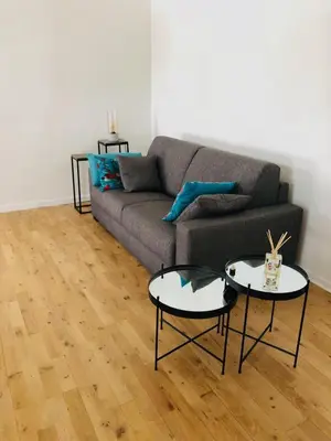 a living room with a gray couch with blue pillows at Nouveau grand 2 pièces secteur Palais Croisette rue Hoche in Cannes