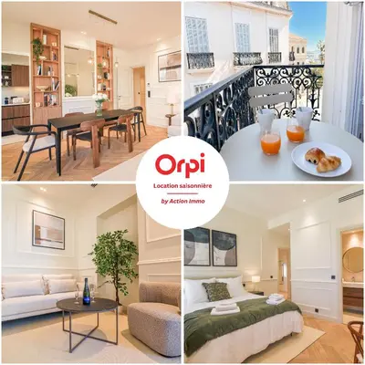 a collage of photos of a apartment at 12B - APARTMENT FACING PORT & Town Hall in Cannes