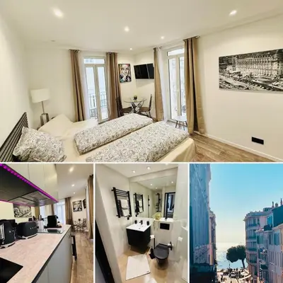 a collage of two pictures of a hotel room at Ref PINSON in Cannes