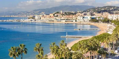 a view of a beach with palm trees and a city at Seaview Studio, Palais des Festivals in Cannes