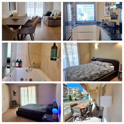 a collage of four pictures of a room at Spacieux et lumineux 2 chambres terrasse in Le Cannet