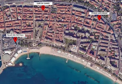 a map of a city with three red pointers at Studio Love Room Rooftop Jacuzzi SCLS Rentals in Cannes