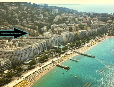 an aerial view of a beach with buildings and the ocean at Residences Fleuries - behind Cannes Croisette Bvd in Cannes