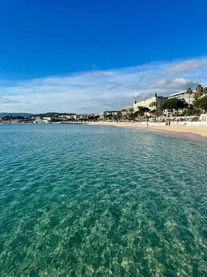 a view of a beach from the water at Luxury Family 2BR - Prime Location, Walk to Beach & Shopping, Sunny Balcony - By Totolulu Cannes Hoche in Cannes