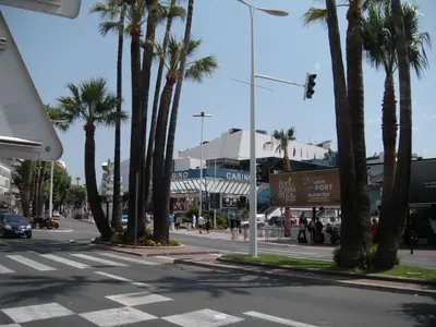 an empty street with palm trees and a building at Charlie Chaplin 2 pièces 3 étoiles calme plein centre de Cannes, 5mn des plages et Palais in Cannes