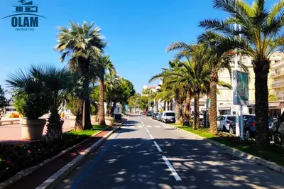 a street with palm trees on the sides of the road at Cannes Heart of town Cozy bright warm & sunny studio by Olam Properties in Cannes