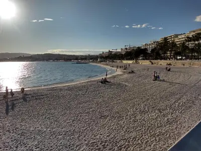 a group of people on a beach near the water at LES MOUETTES A in Cannes