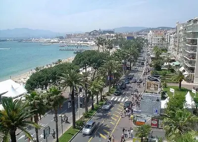 a busy city street with palm trees and the ocean at STUDIO LES ALGUES in Cannes