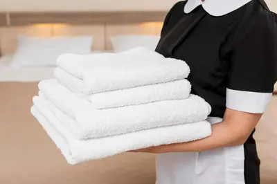a person holding a stack of towels in a hotel room at Super Central Cannes - all comfort - Calm in Cannes