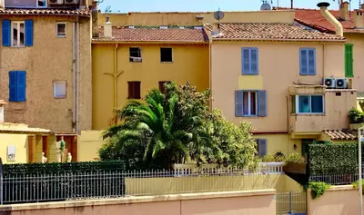 a view of a city with buildings and a palm tree at Studio Suquet 1 in Cannes