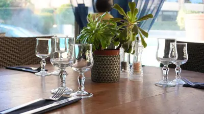 a table with wine glasses and a potted plant on it at Appartement 556, Vue Mer et piscine By Palmazur Vacances in Cannes